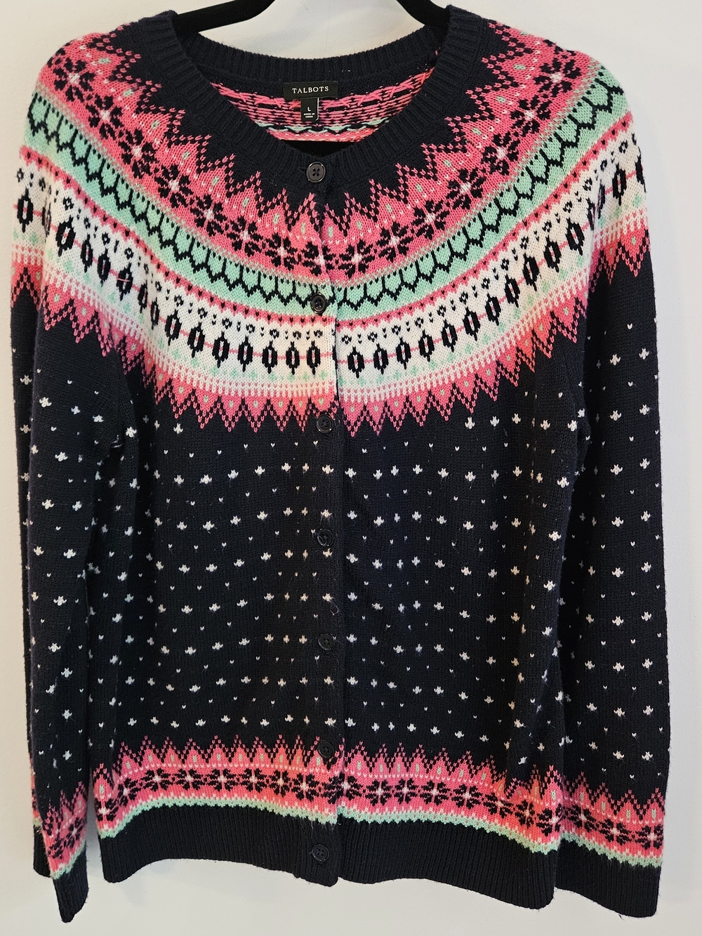 Talbots Fair Isle Lambswool Blend Cardigan Sweater Blue Pink Mint Nordic L